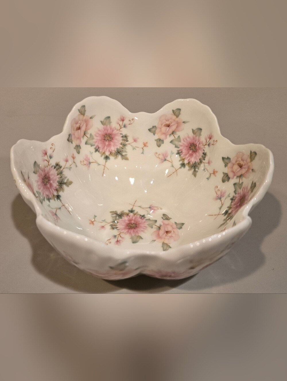 Designer Crockery Floral Scalloped Porcelain Bowl - Pink Rose Design